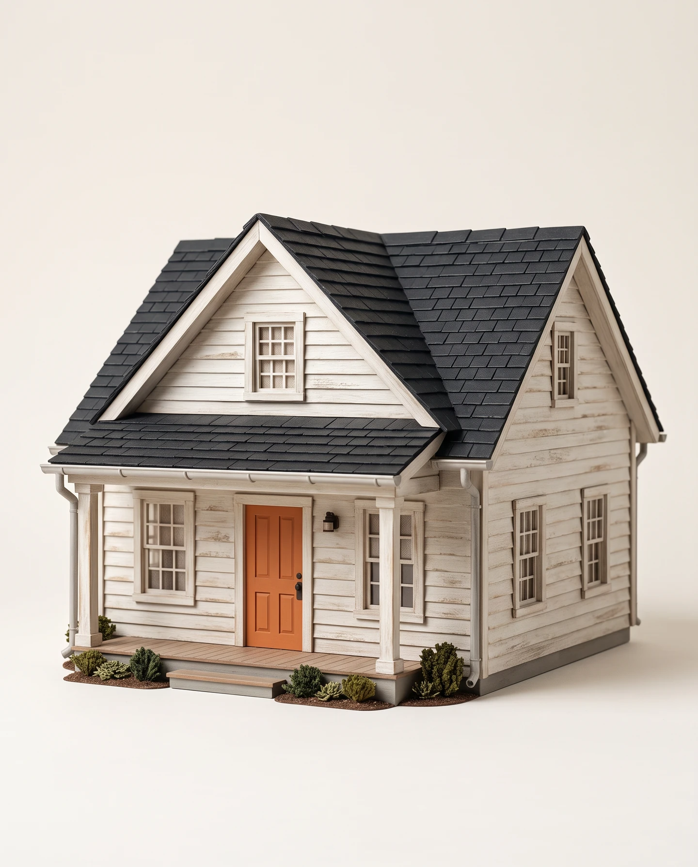 A tactile miniature cottage with cream timber siding, a charcoal shingle roof, and a warm orange front door