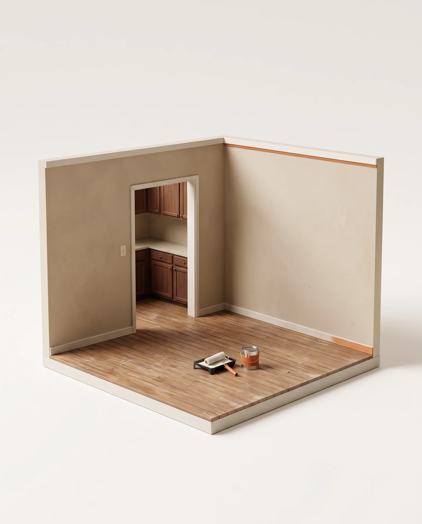 An unfurnished miniature room with worn timber floors, a doorway to a dated kitchen, and orange painting tools