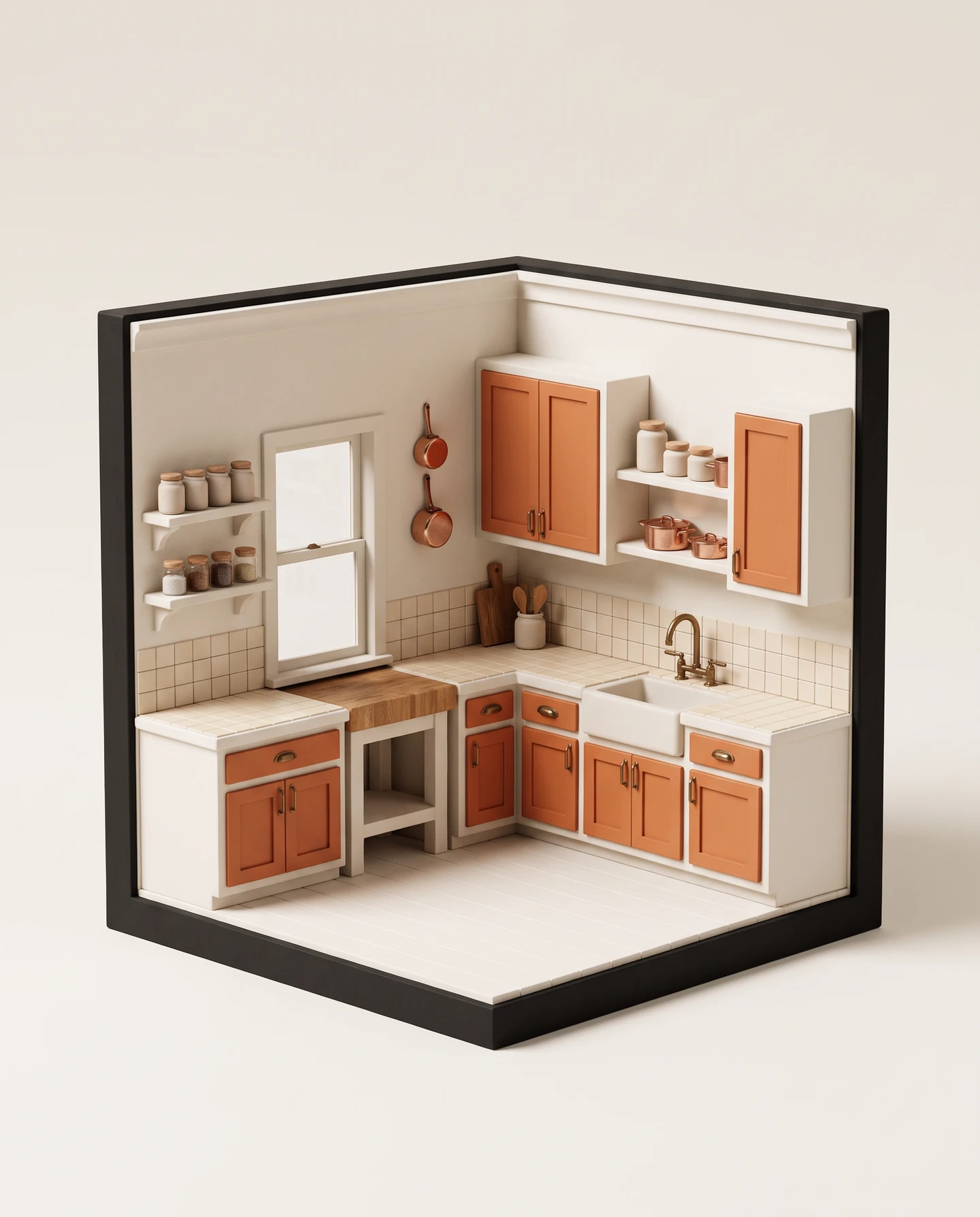 A detailed miniature vintage kitchen with terracotta cabinetry, warm cream tiles, copper pans, and a farmhouse sink