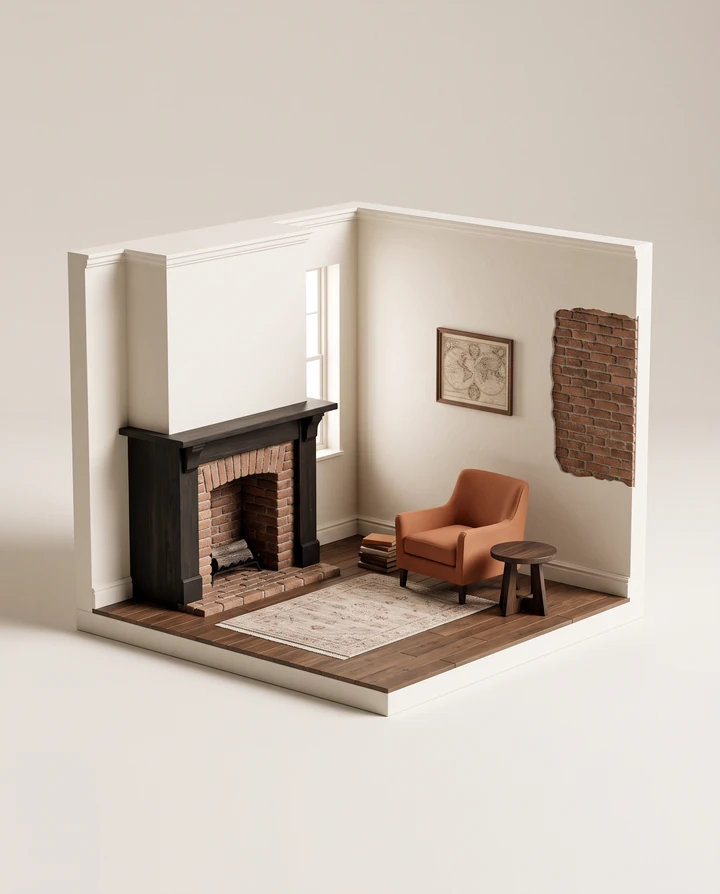 A warm miniature sitting room with a brick fireplace, timber floor, and orange armchair