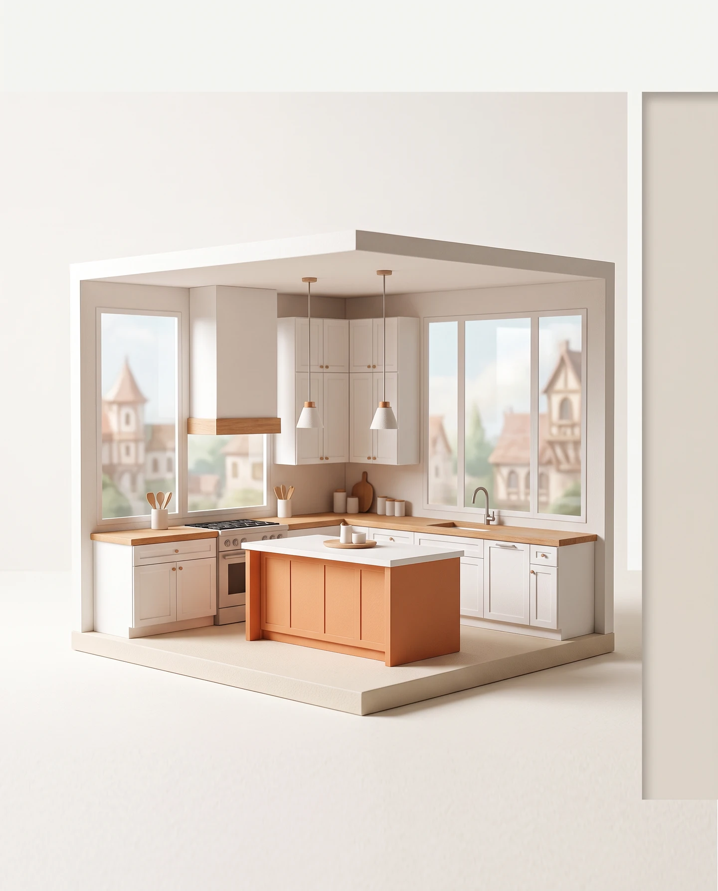 A bright miniature modern kitchen with white cabinets, timber countertops, pendant lights, and an orange island
